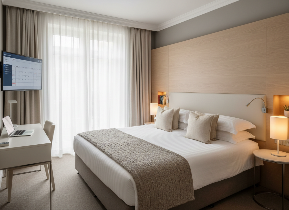 A luxurious, well-appointed hotel bedroom in Heaton Rise, featuring a single plush king-size bed with crisp white linens, textured taupe throw, and structured accent cushions. A sleek built-in headboard in soft oak spans the wall, with integrated reading lights and recessed shelving. To one side, a compact workspace with a minimalist desk and closed laptop subtly implies an integrated online booking system, while a wall-mounted smart screen in the background shows a blurred calendar interface. Soft afternoon natural light filters through floor-to-ceiling sheer curtains, complemented by warm bedside lamps, creating a calm, professional atmosphere. Photographic realism, shot at eye level with a wide lens to capture the full room, balanced composition, clean lines, and neutral palette emphasizing comfort and efficient, direct booking appeal.